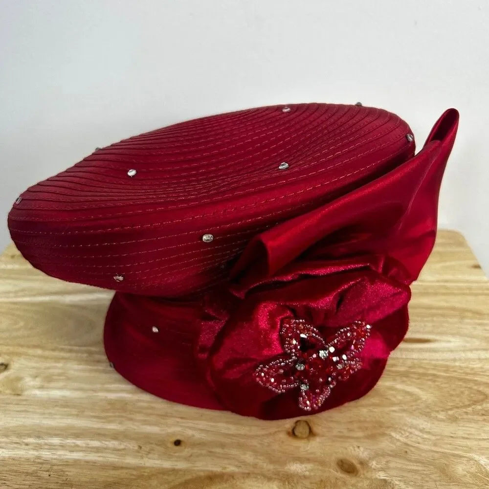 Ashro Whittall and Shon Red Church Hat Fascinator Beaded Velvet Flower Bow